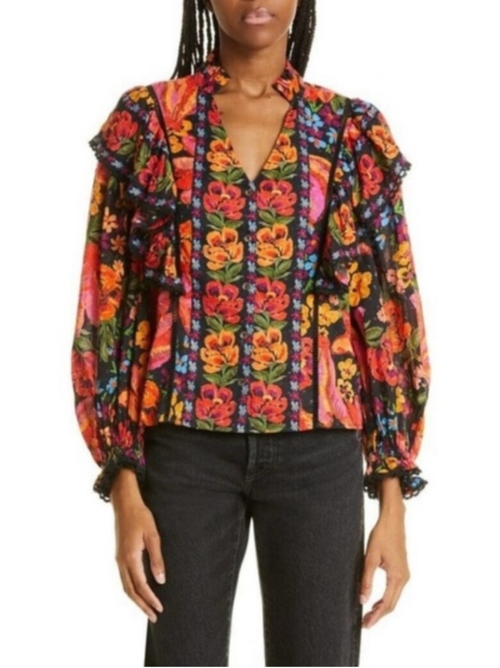 FARM Rio Black Spring Bananas Floral Ruffled Balloon Sleeve Blouse Sz Medium NWT